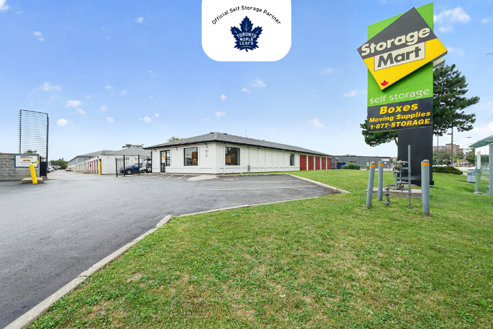 Facility exterior at StorageMart in North York, Ontario with Toronto Maple Leafs partnership logo